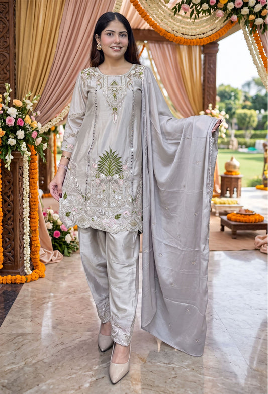 Chinnon Silk Embroidered Straight Shirt and Farshi Salwar Suit for Women with Dupatta