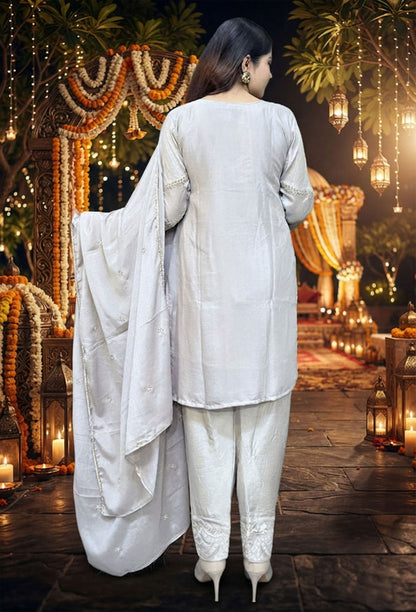 Chinnon Silk Embroidered Straight Shirt and Farshi Salwar Suit for Women with Dupatta