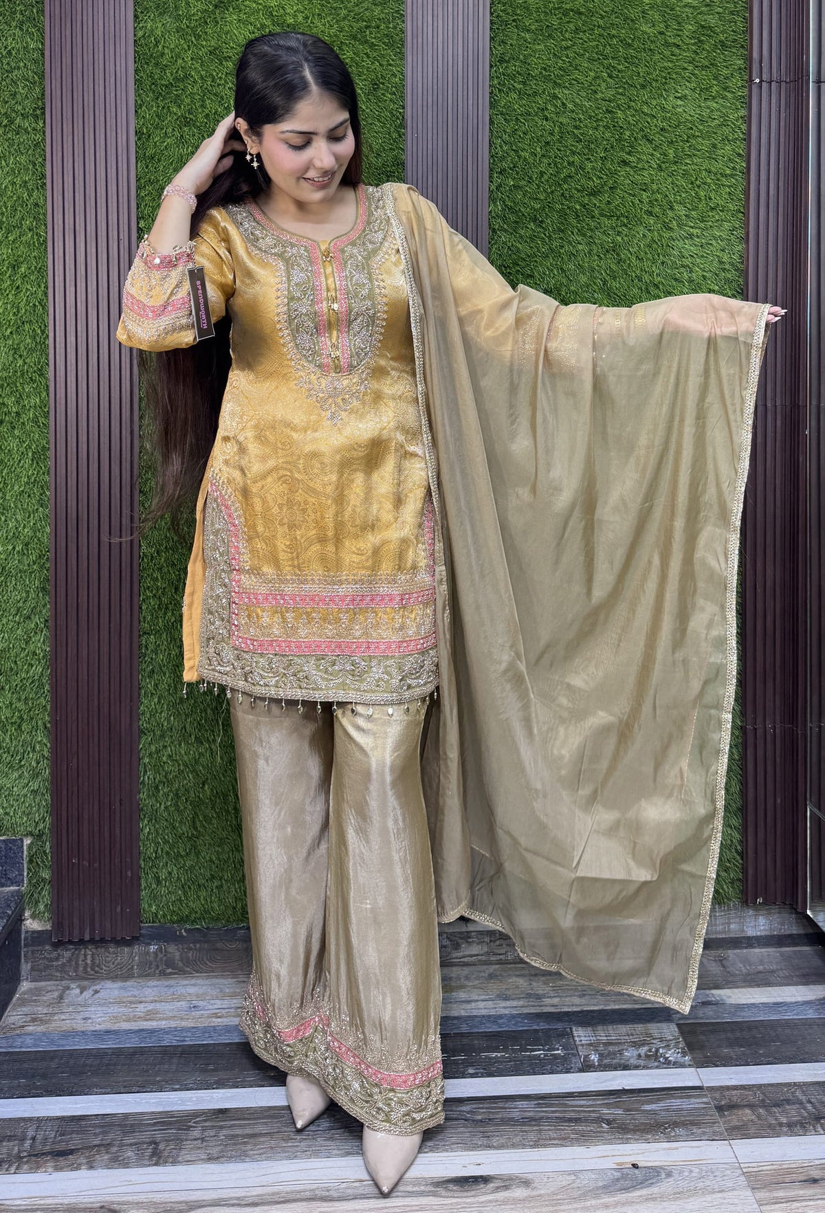 Banarasi Jacquard Silk Sharara Suit with Contrast Bottom and Organza Dupatta