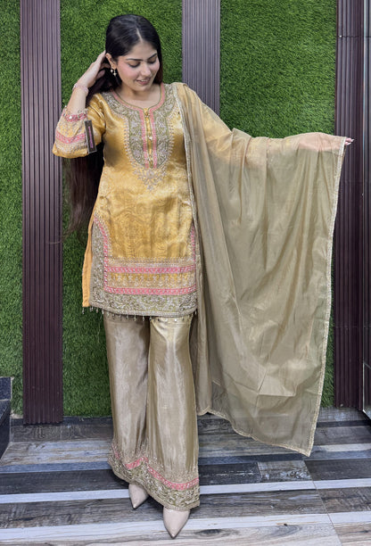Banarasi Jacquard Silk Sharara Suit with Contrast Bottom and Organza Dupatta
