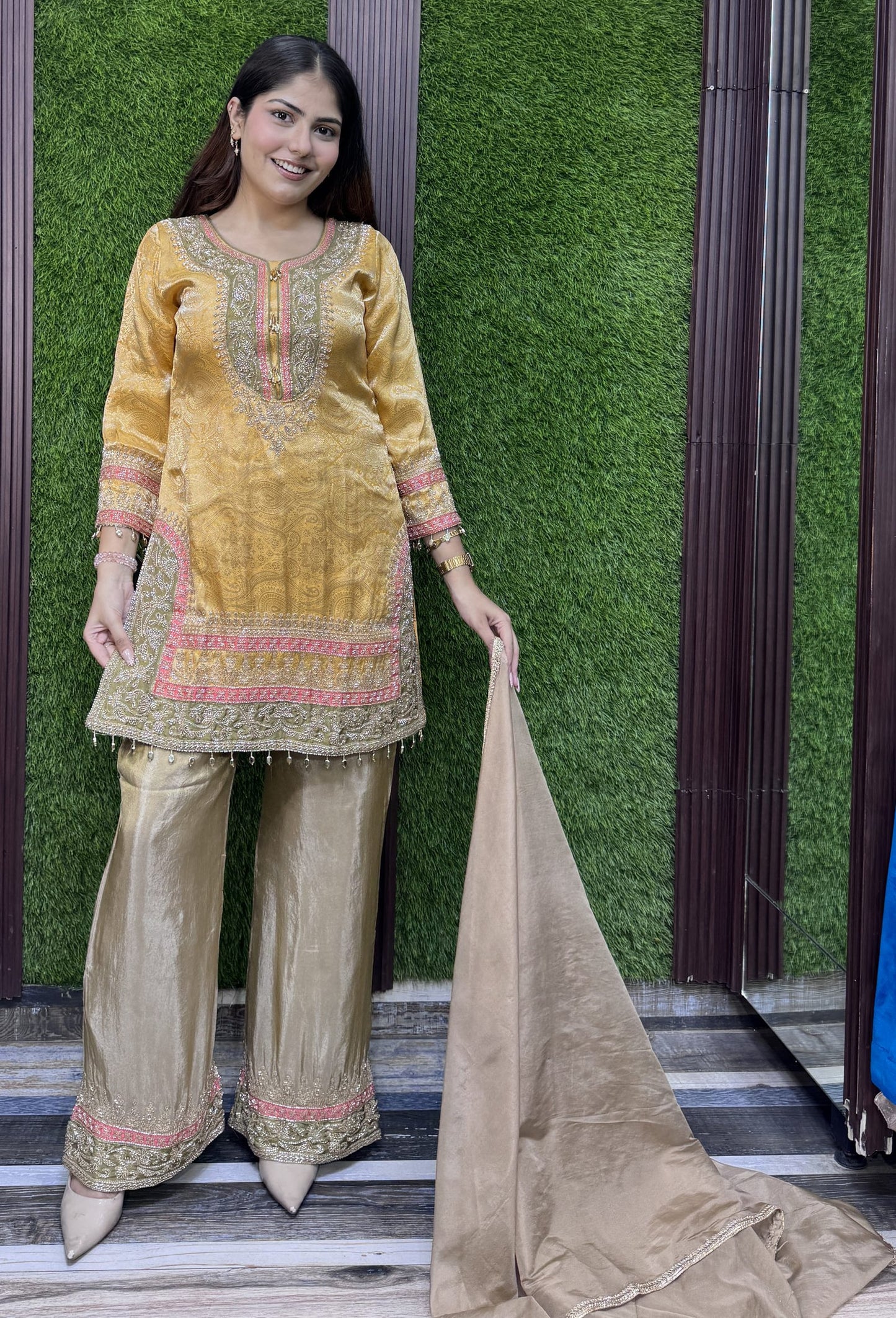 Banarasi Jacquard Silk Sharara Suit with Contrast Bottom and Organza Dupatta