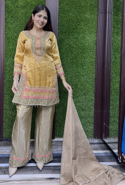 Banarasi Jacquard Silk Sharara Suit with Contrast Bottom and Organza Dupatta