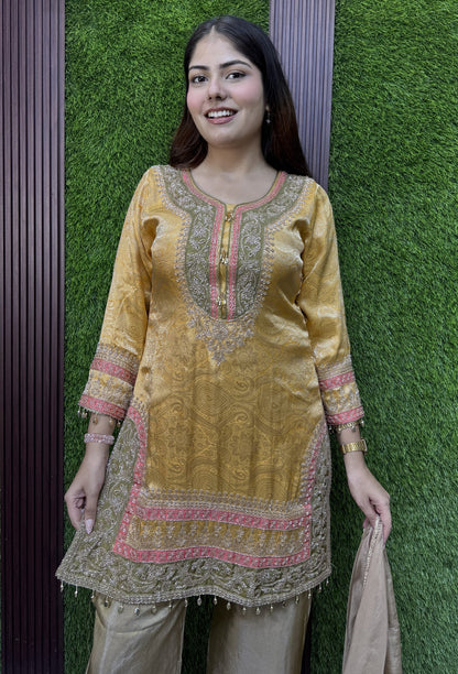 Banarasi Jacquard Silk Sharara Suit with Contrast Bottom and Organza Dupatta