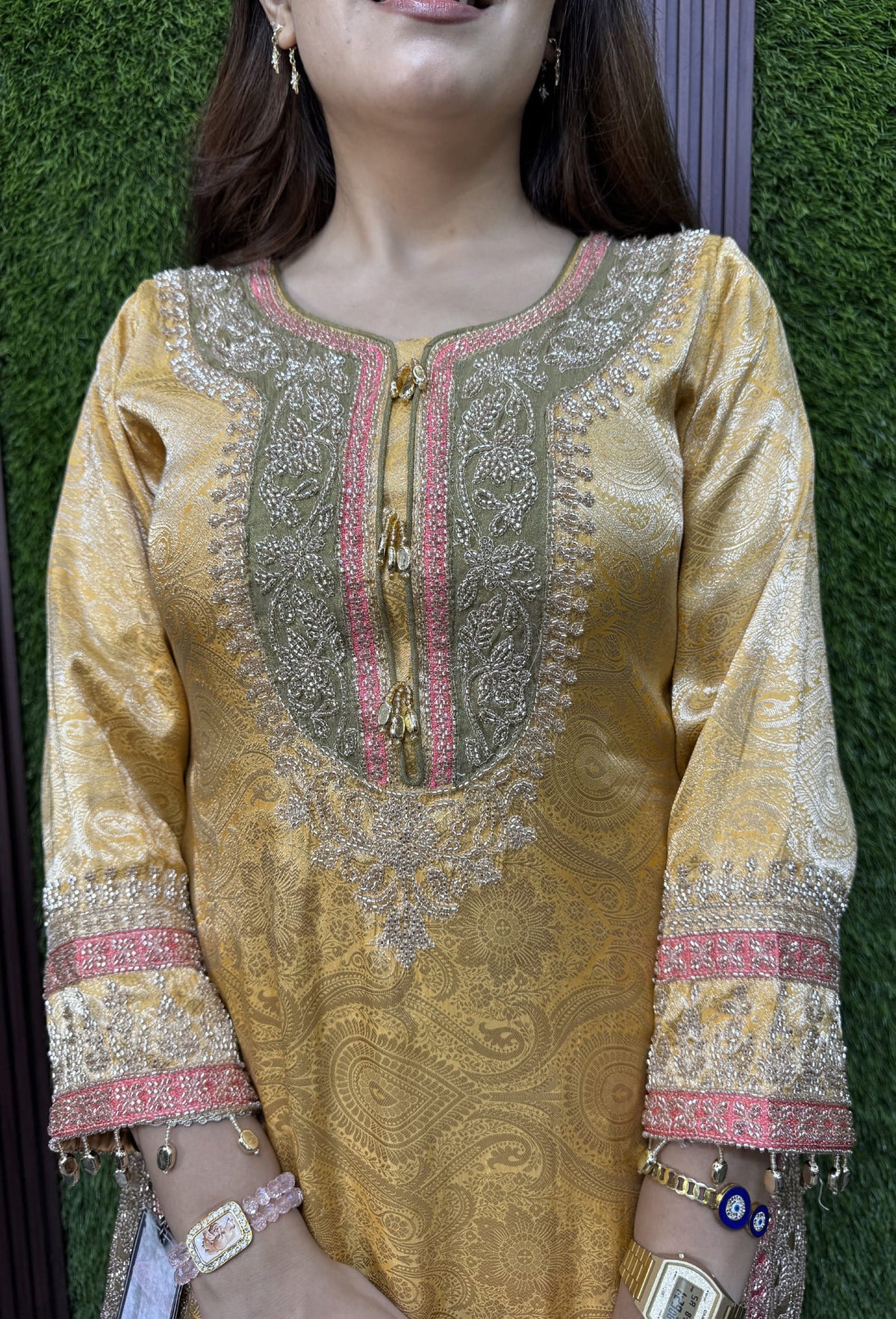 Banarasi Jacquard Silk Sharara Suit with Contrast Bottom and Organza Dupatta