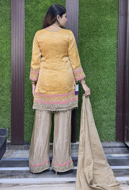 Banarasi Jacquard Silk Sharara Suit with Contrast Bottom and Organza Dupatta