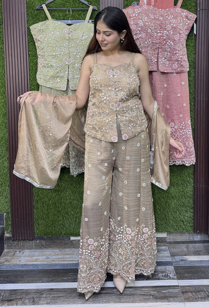 Spaghetti Style Short Full Beadwork Palazzo Set with Dupatta