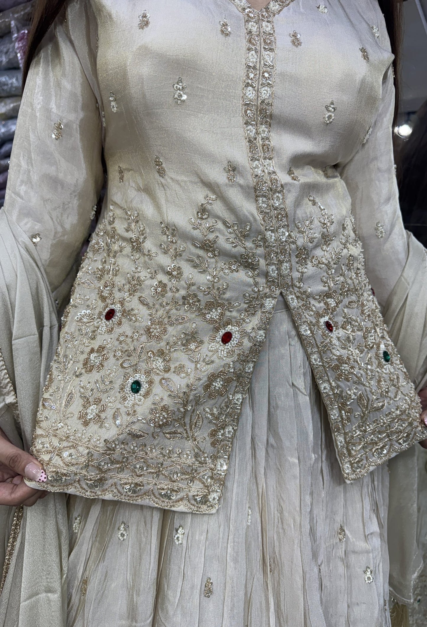 Designer Lehenga Set with Full Sleeve Beadwork Shirt and Dupatta