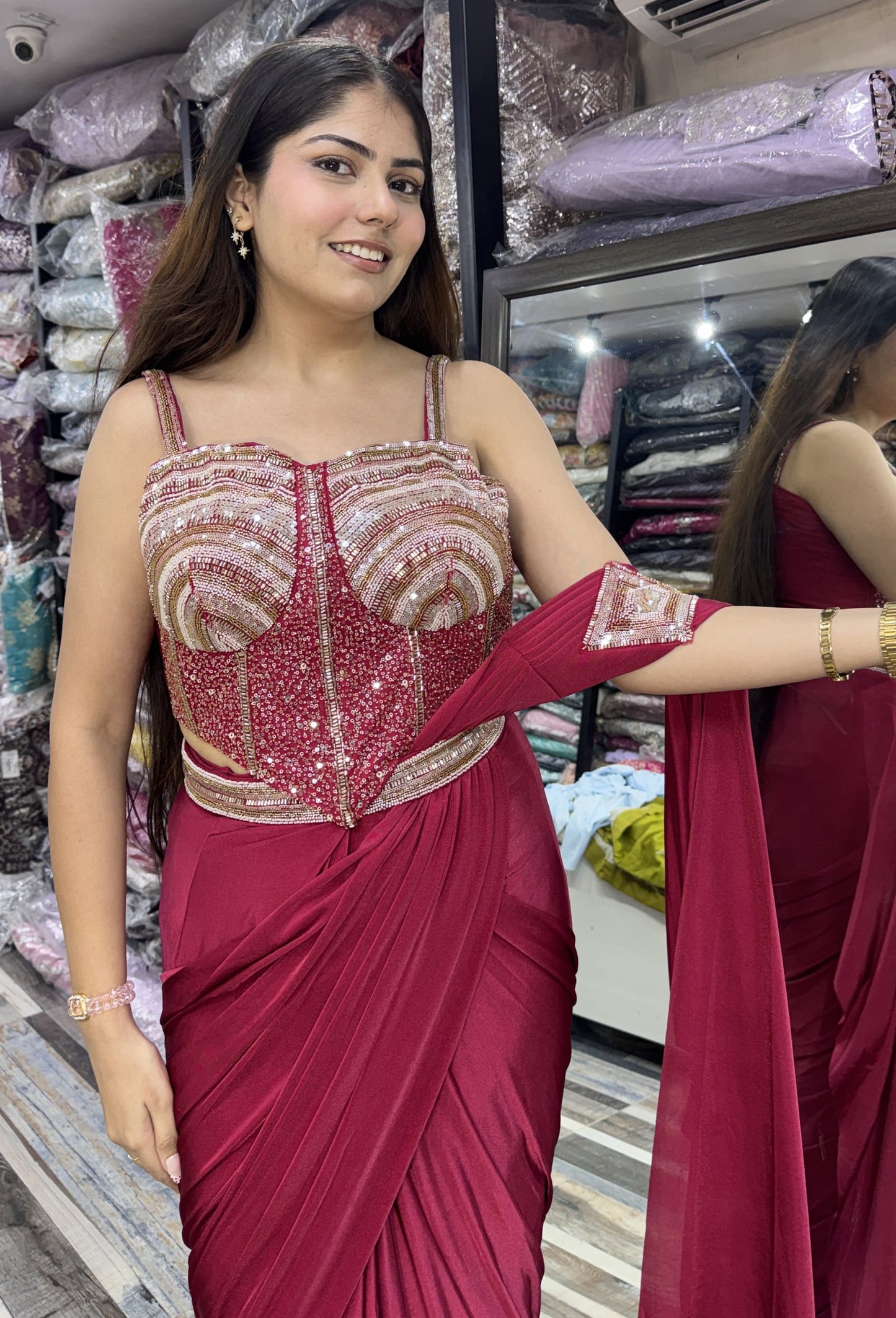 Ready to Wear Drape Saree with Spaghetti Corset Blouse and Belt