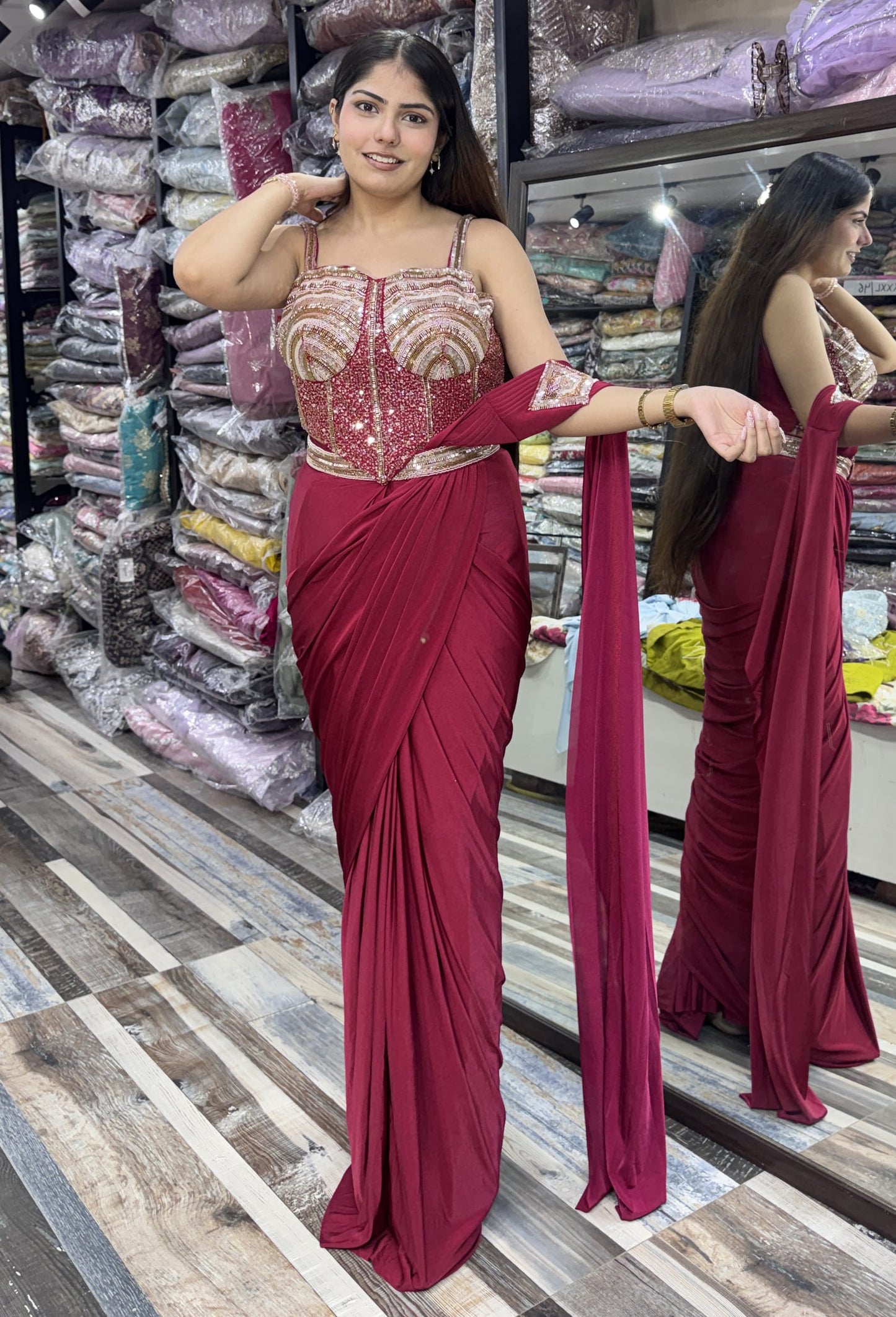 Ready to Wear Drape Saree with Spaghetti Corset Blouse and Belt