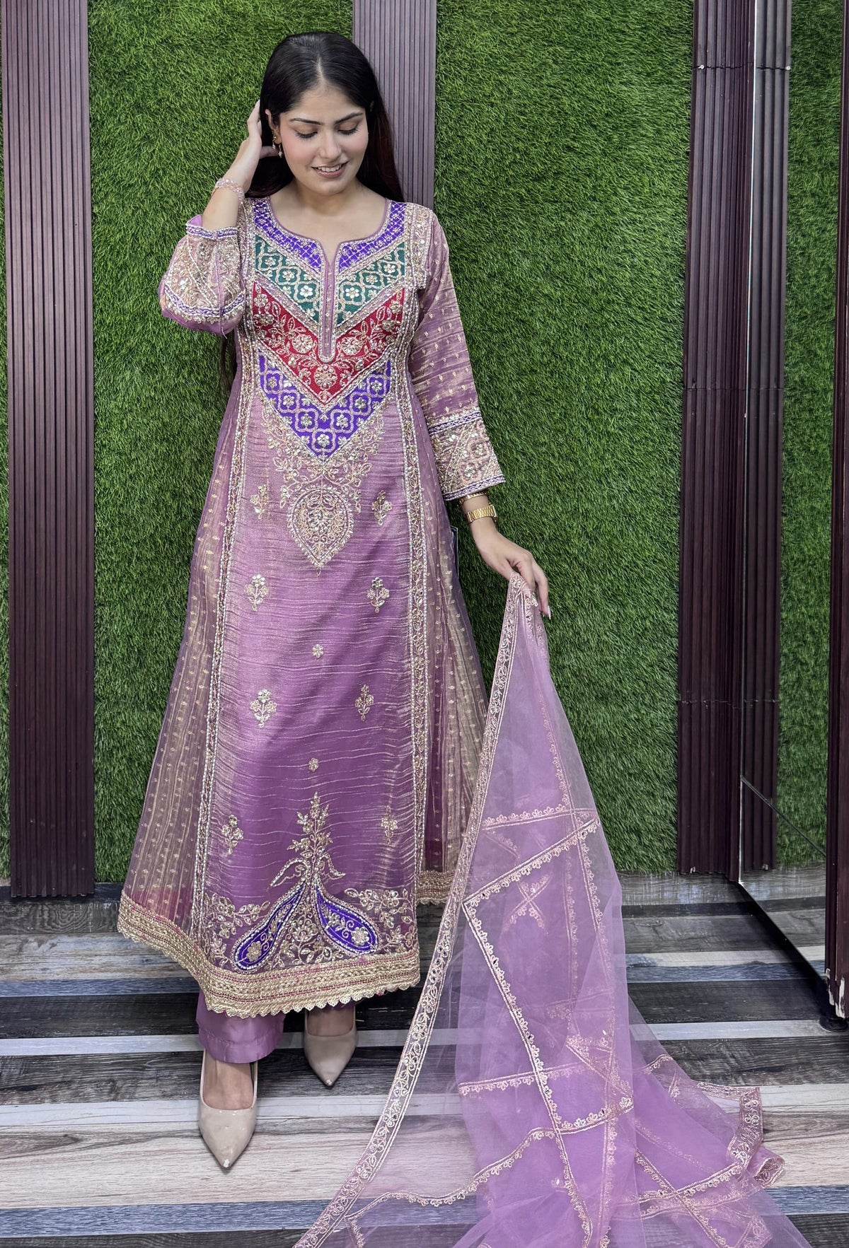Partywear Crush Silk Anarkali with Embroidered Trouser and Dupatta