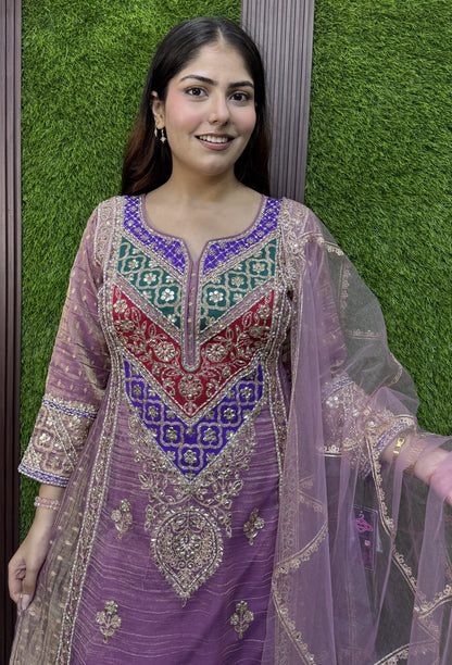Partywear Crush Silk Anarkali with Embroidered Trouser and Dupatta