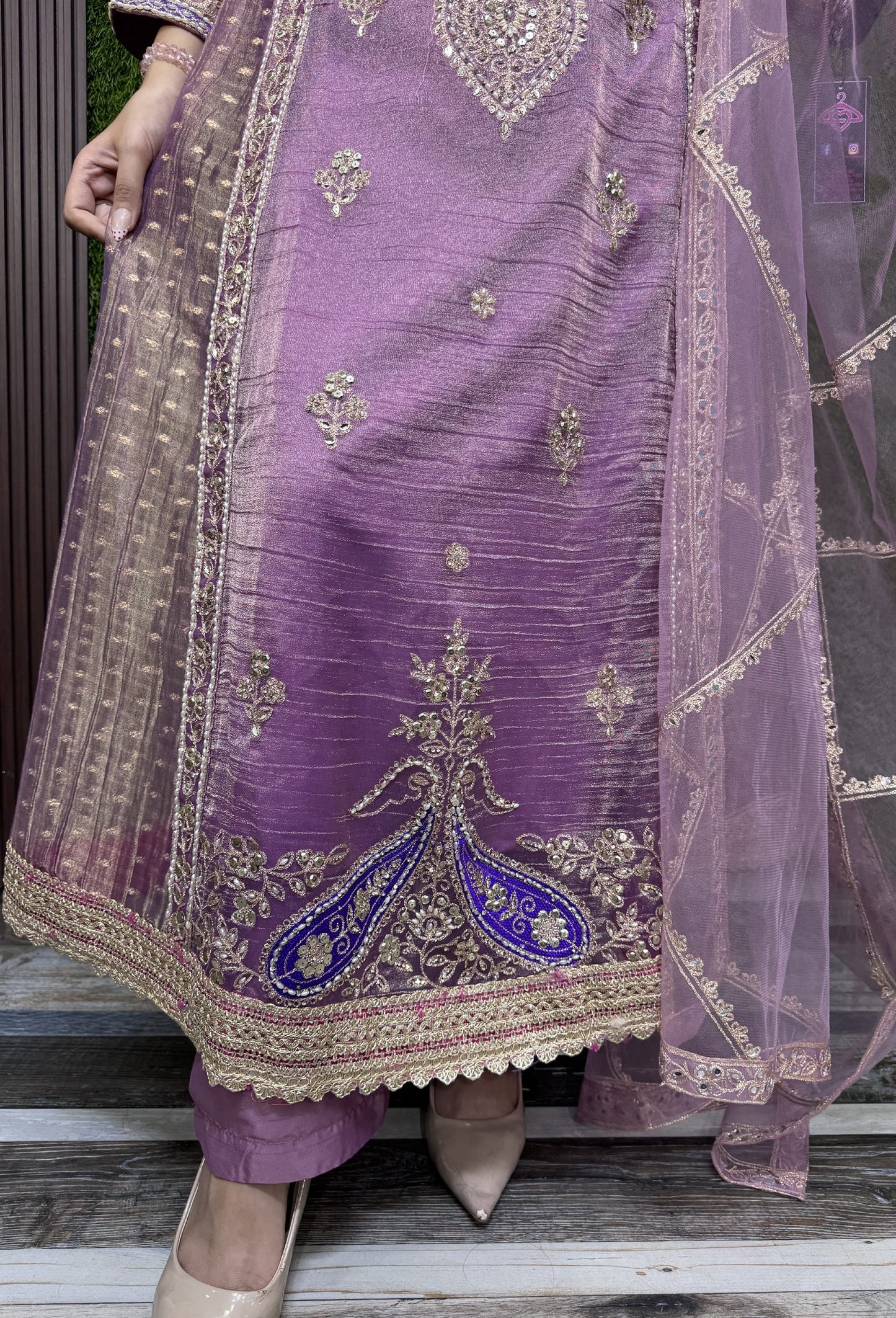 Partywear Crush Silk Anarkali with Embroidered Trouser and Dupatta