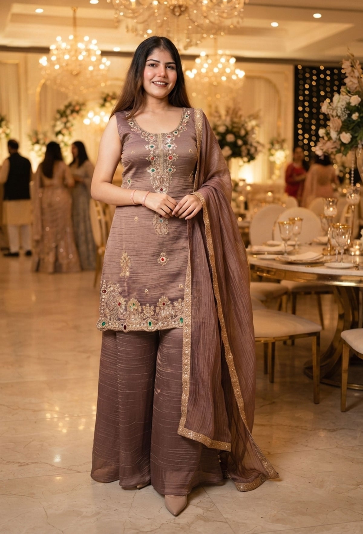 Crush Silk Emerald Stone Work Straight Sharara Suit with Plazo Bottom & Dupatta