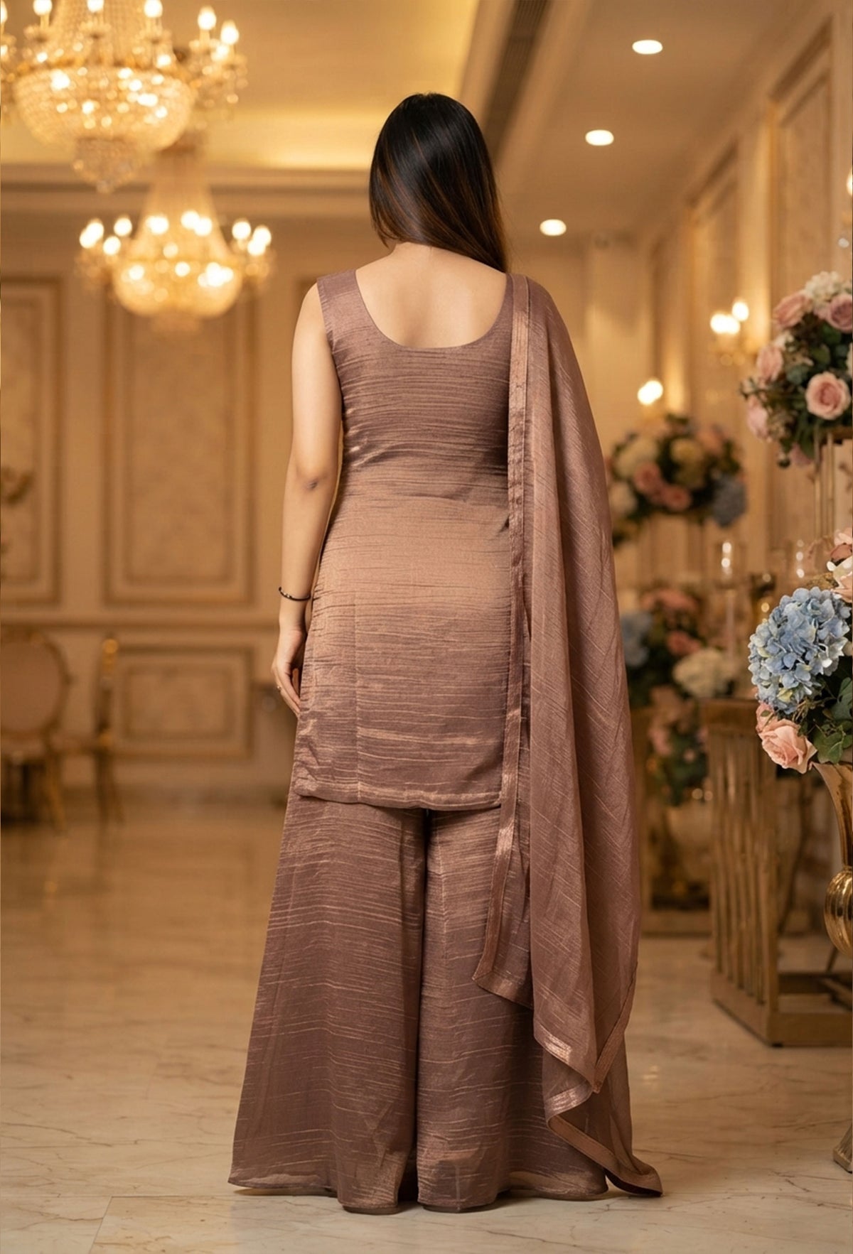 Crush Silk Emerald Stone Work Straight Sharara Suit with Plazo Bottom & Dupatta