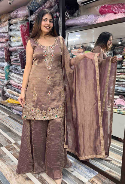 Crush Silk Emerald Stone Work Straight Sharara Suit with Plazo Bottom & Dupatta