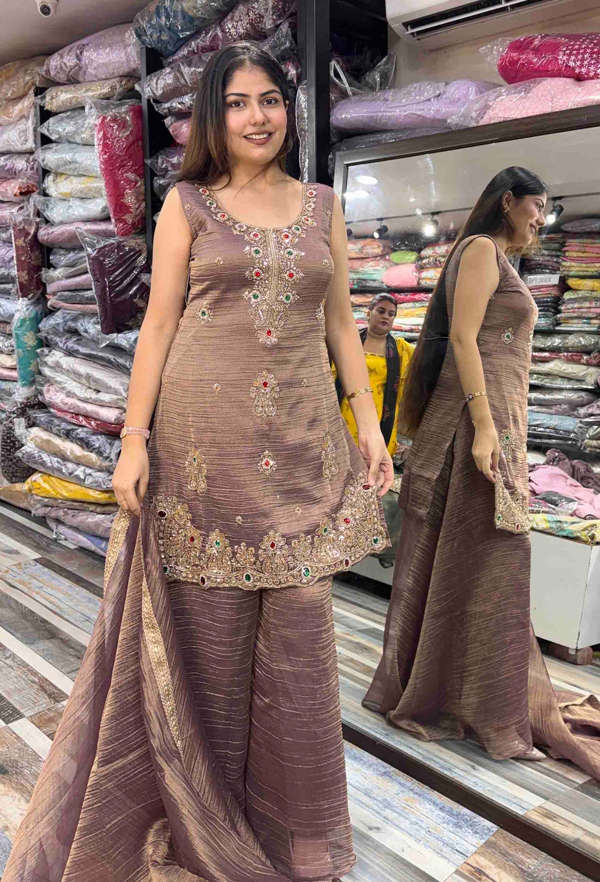 Crush Silk Emerald Stone Work Straight Sharara Suit with Plazo Bottom & Dupatta