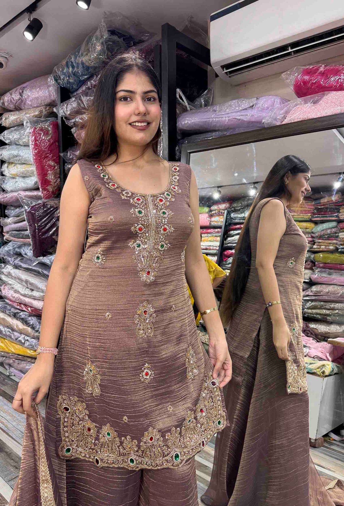 Crush Silk Emerald Stone Work Straight Sharara Suit with Plazo Bottom & Dupatta
