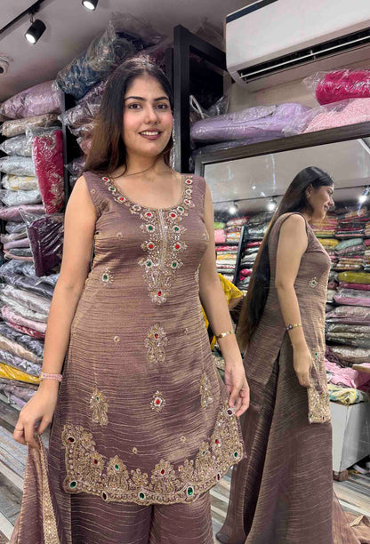 Crush Silk Emerald Stone Work Straight Sharara Suit with Plazo Bottom & Dupatta