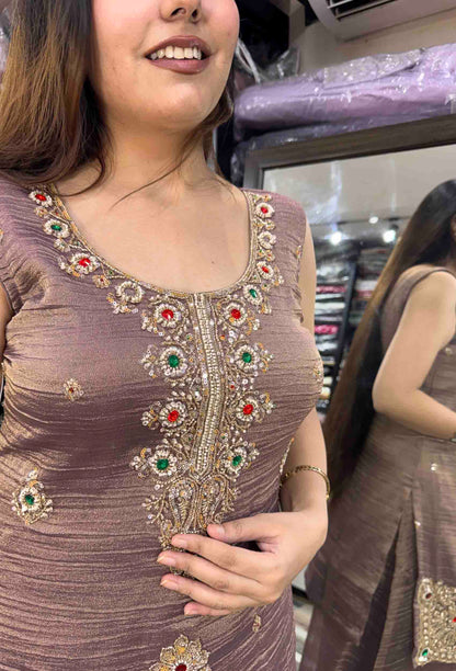 Crush Silk Emerald Stone Work Straight Sharara Suit with Plazo Bottom & Dupatta