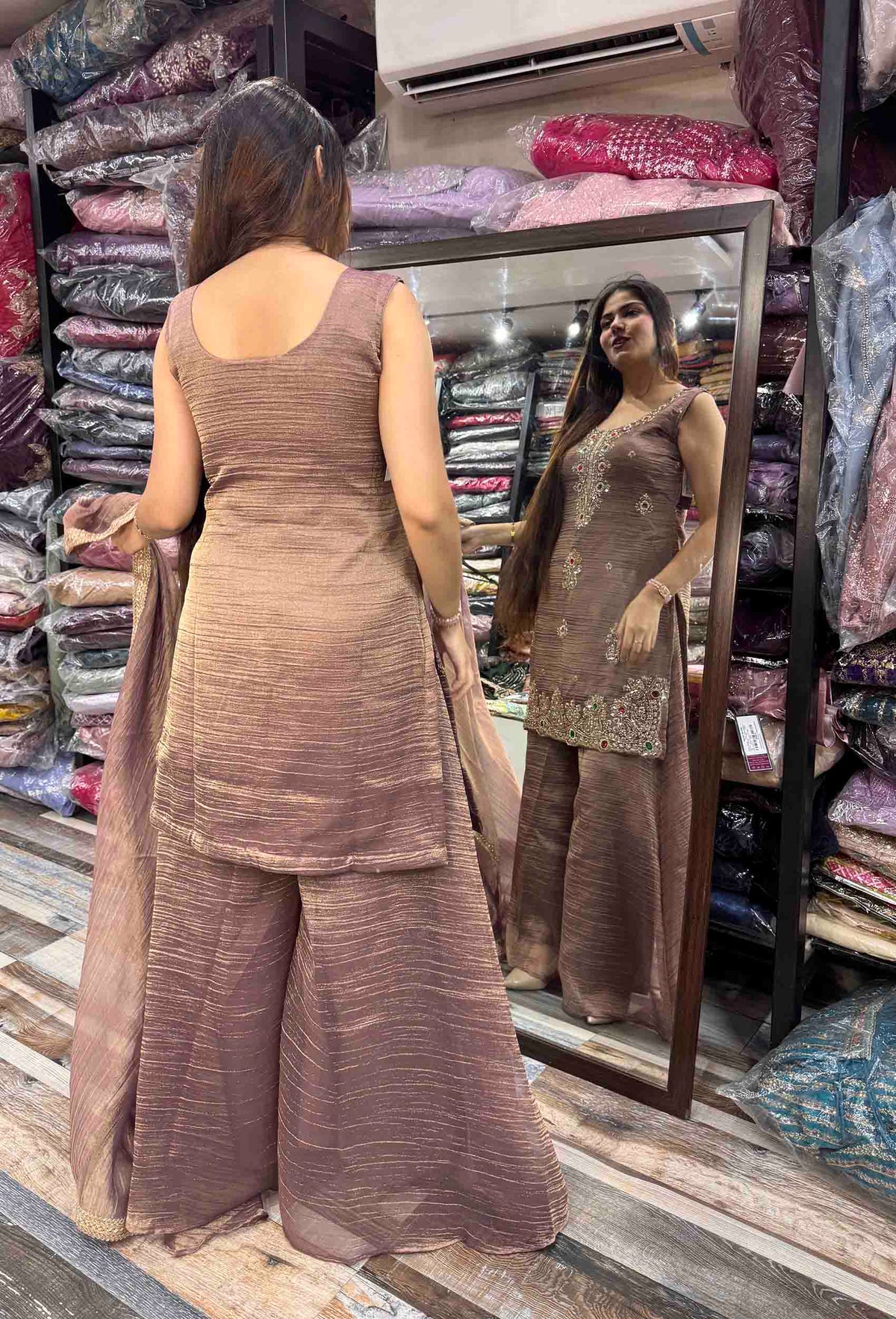 Crush Silk Emerald Stone Work Straight Sharara Suit with Plazo Bottom & Dupatta