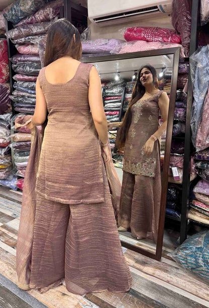 Crush Silk Emerald Stone Work Straight Sharara Suit with Plazo Bottom & Dupatta