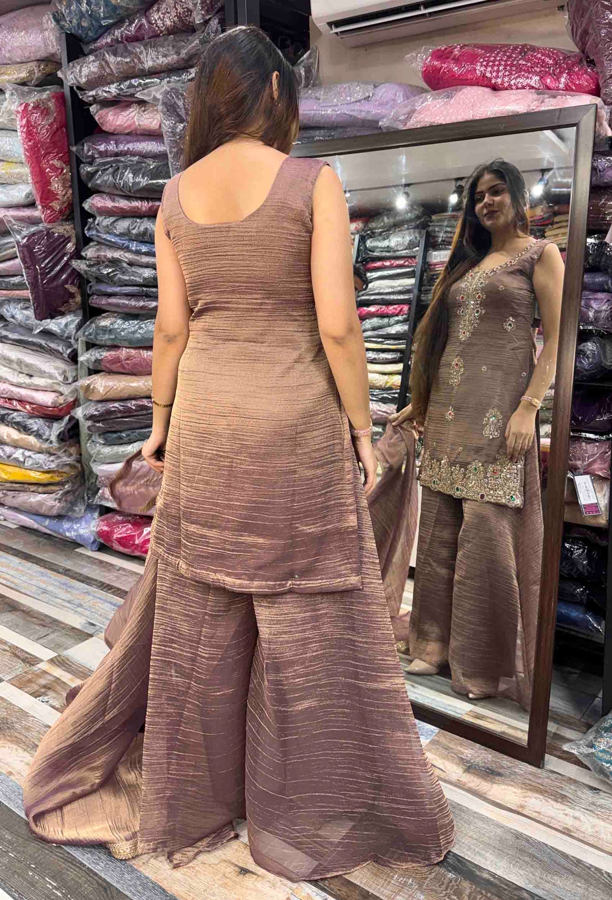 Crush Silk Emerald Stone Work Straight Sharara Suit with Plazo Bottom & Dupatta