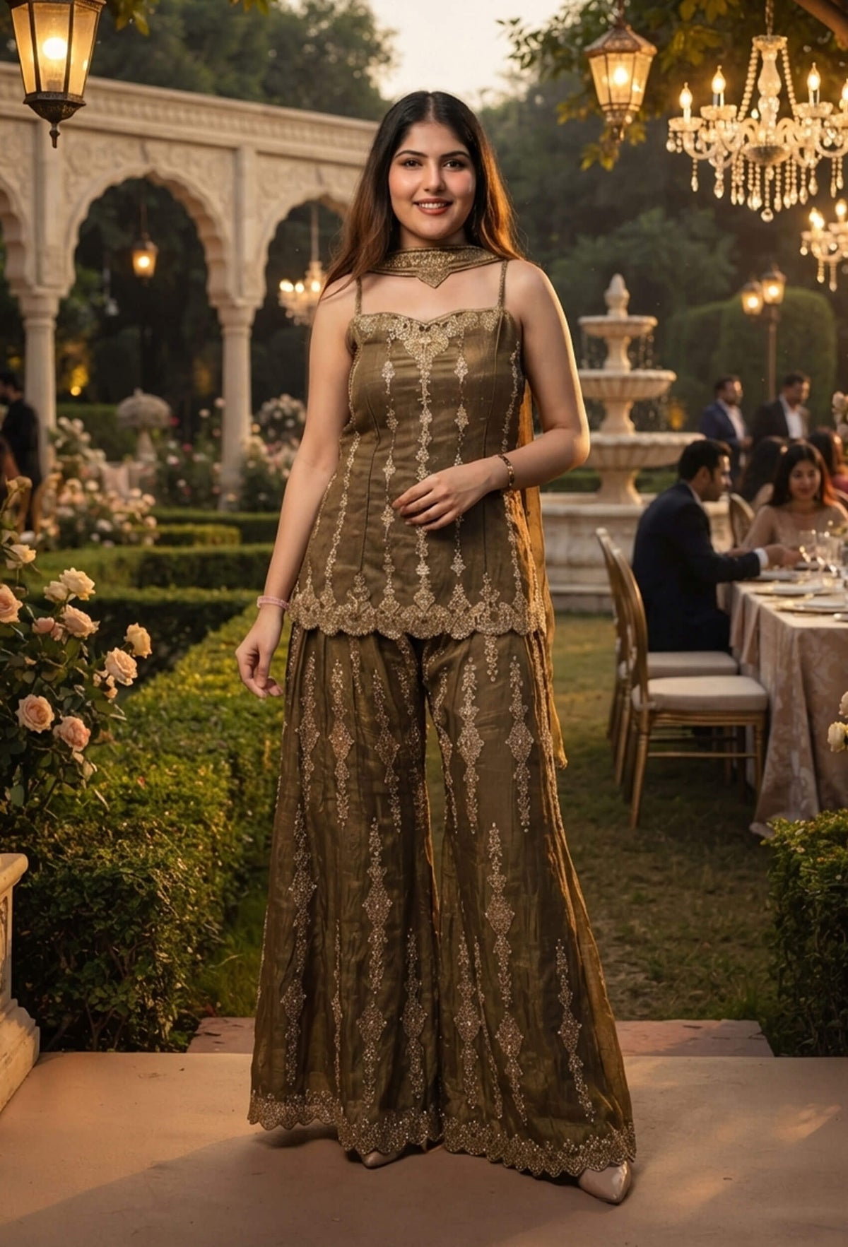 Spaghetti Style Short Shirt Plazo Sharara Suit with Choker Dupatta & Swarovski Work