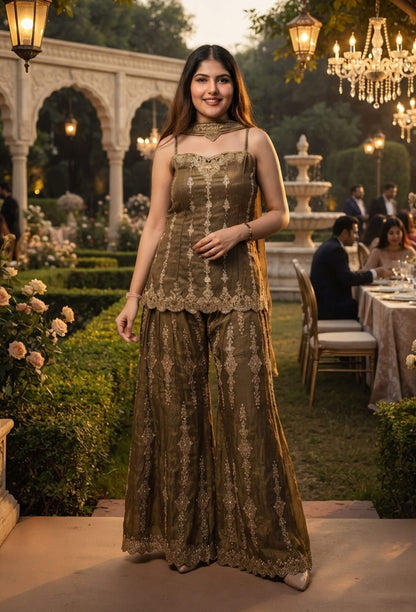 Spaghetti Style Short Shirt Plazo Sharara Suit with Choker Dupatta & Swarovski Work