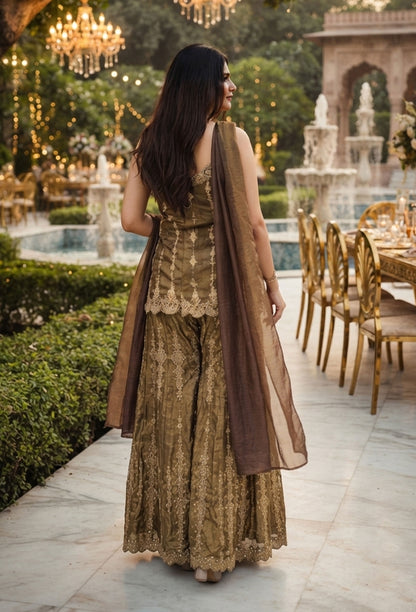 Spaghetti Style Short Shirt Plazo Sharara Suit with Choker Dupatta & Swarovski Work