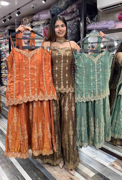 Spaghetti Style Short Shirt Plazo Sharara Suit with Choker Dupatta & Swarovski Work