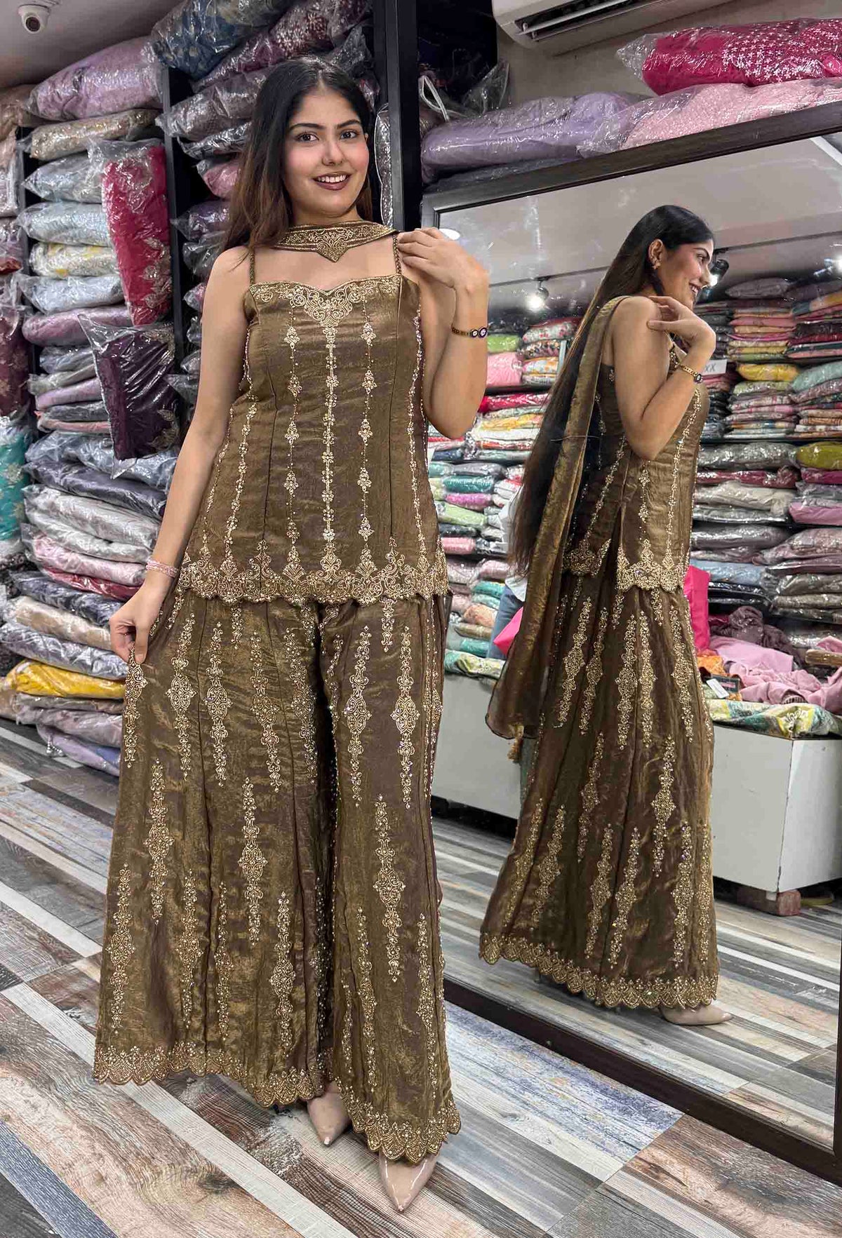 Spaghetti Style Short Shirt Plazo Sharara Suit with Choker Dupatta & Swarovski Work