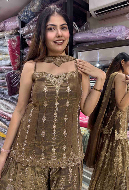 Spaghetti Style Short Shirt Plazo Sharara Suit with Choker Dupatta & Swarovski Work