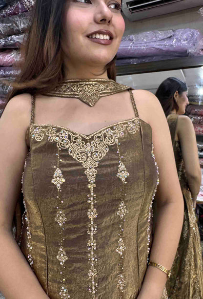 Spaghetti Style Short Shirt Plazo Sharara Suit with Choker Dupatta & Swarovski Work