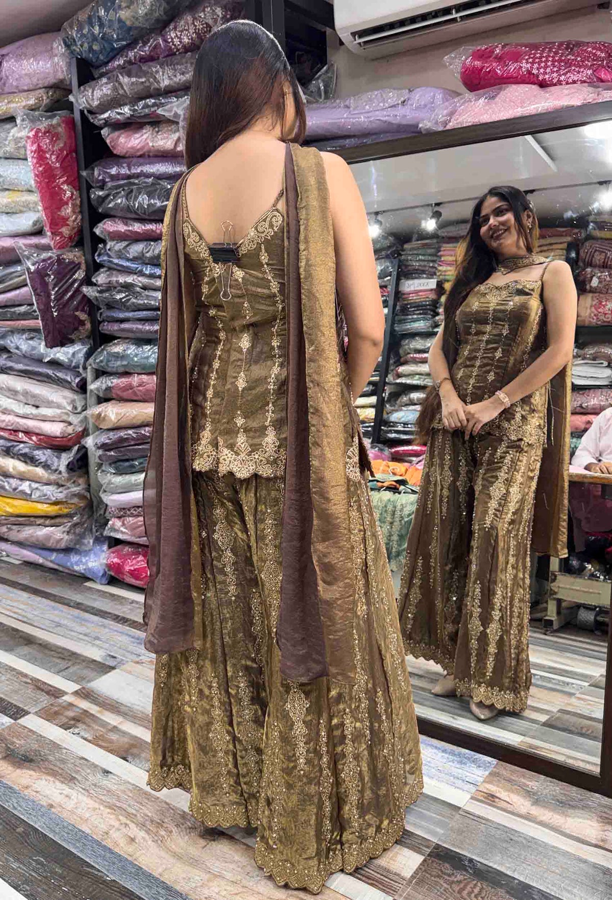 Spaghetti Style Short Shirt Plazo Sharara Suit with Choker Dupatta & Swarovski Work