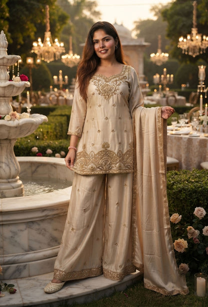 Chinnon Silk Hand Work Sharara Suit with Plazo Bottom & 4-Side Border Dupatta