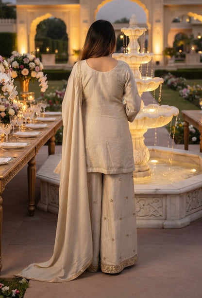 Chinnon Silk Hand Work Sharara Suit with Plazo Bottom & 4-Side Border Dupatta