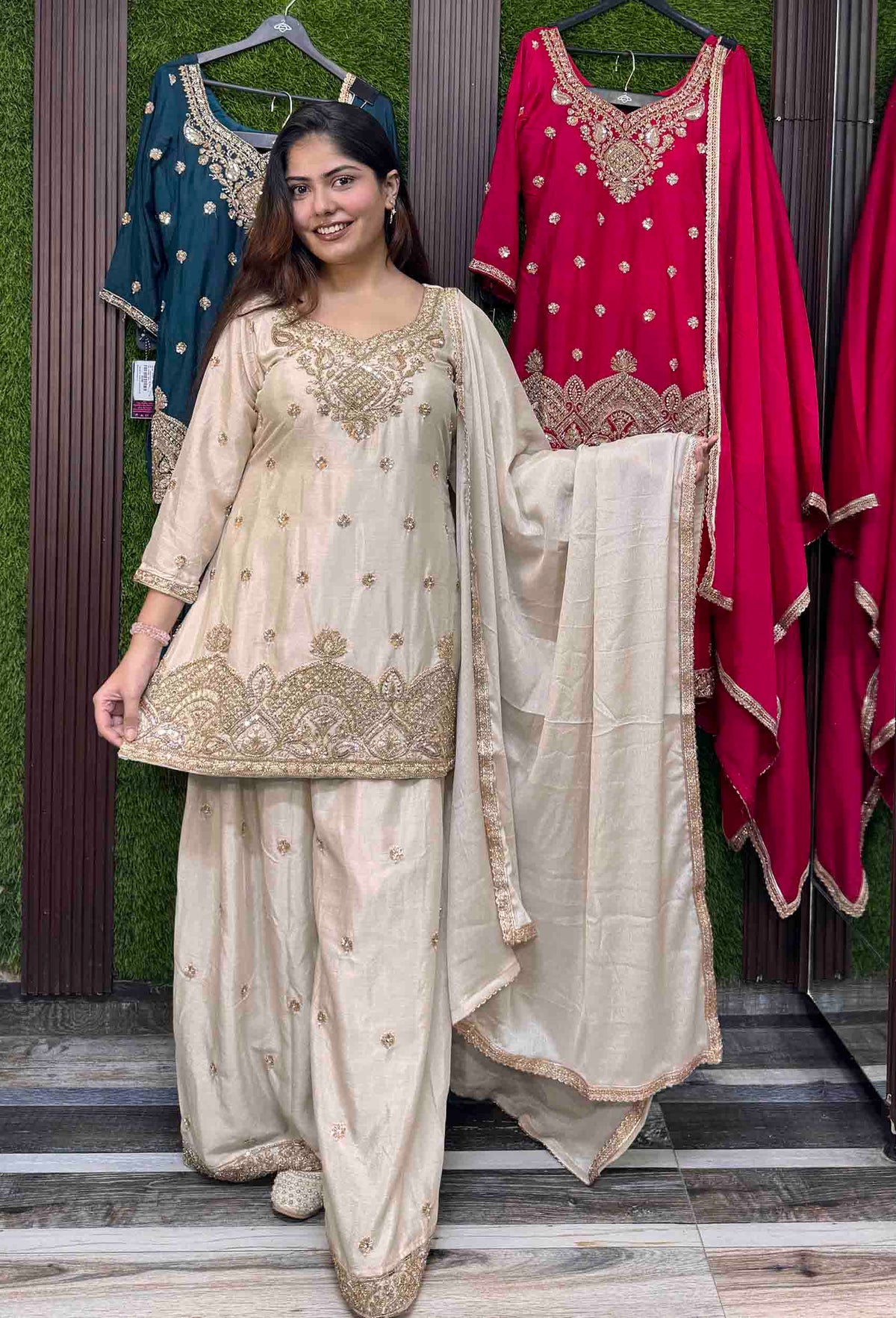 Chinnon Silk Hand Work Sharara Suit with Plazo Bottom & 4-Side Border Dupatta