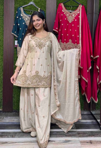 Chinnon Silk Hand Work Sharara Suit with Plazo Bottom & 4-Side Border Dupatta