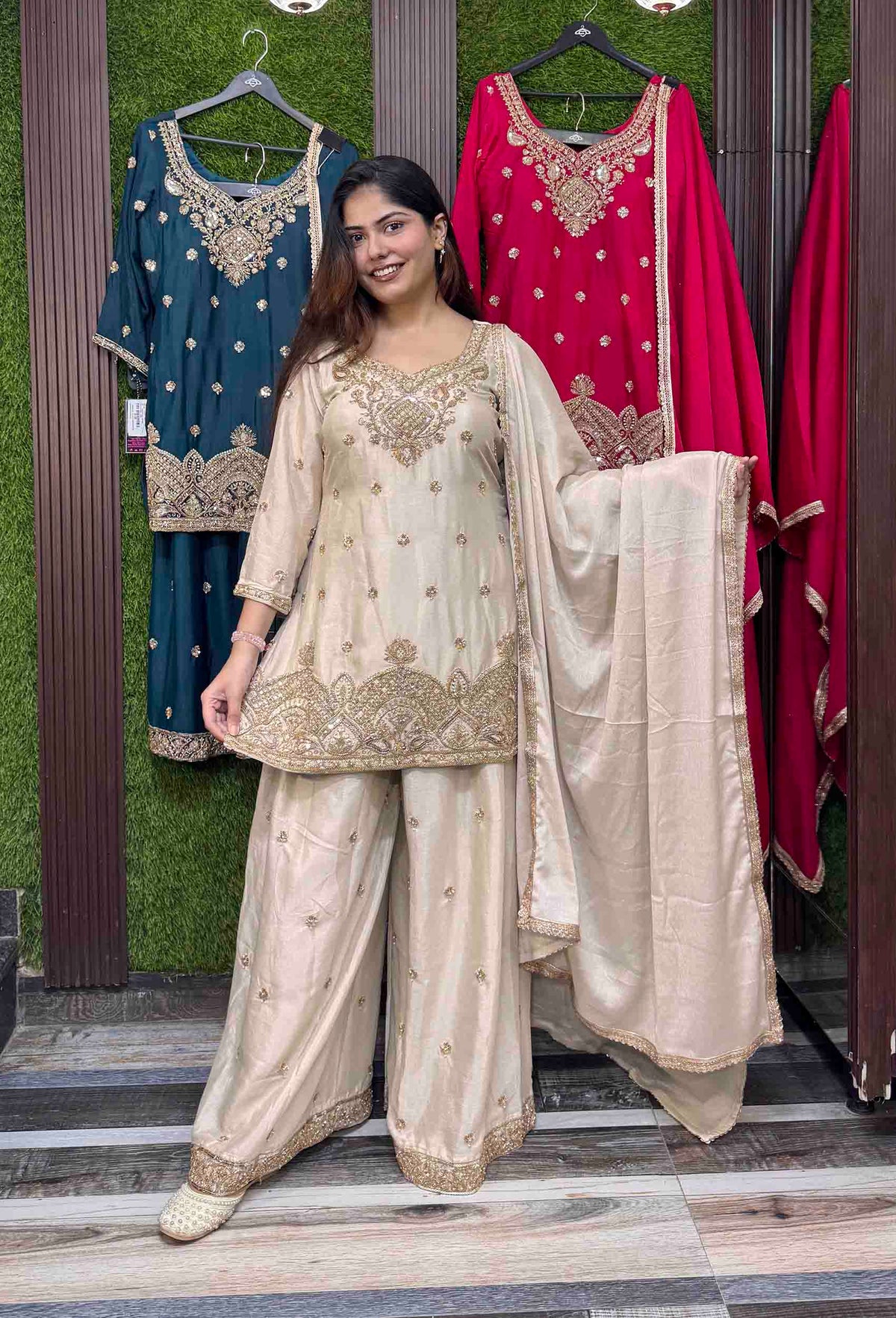 Chinnon Silk Hand Work Sharara Suit with Plazo Bottom & 4-Side Border Dupatta