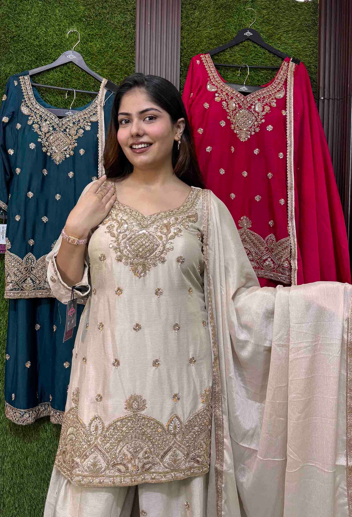 Chinnon Silk Hand Work Sharara Suit with Plazo Bottom & 4-Side Border Dupatta