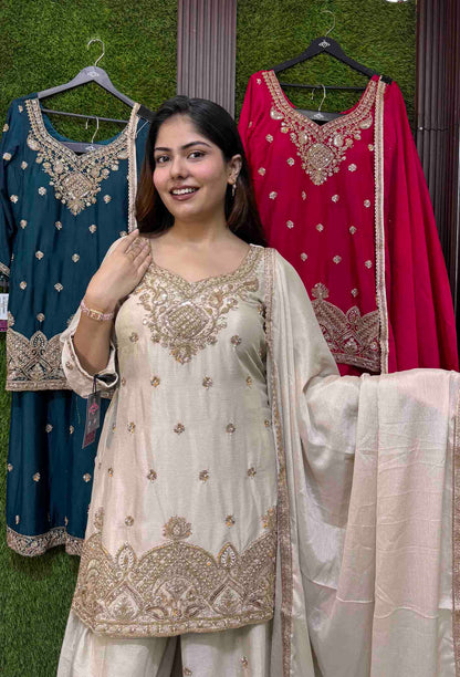 Chinnon Silk Hand Work Sharara Suit with Plazo Bottom & 4-Side Border Dupatta