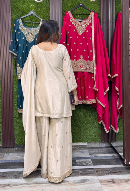 Chinnon Silk Hand Work Sharara Suit with Plazo Bottom & 4-Side Border Dupatta