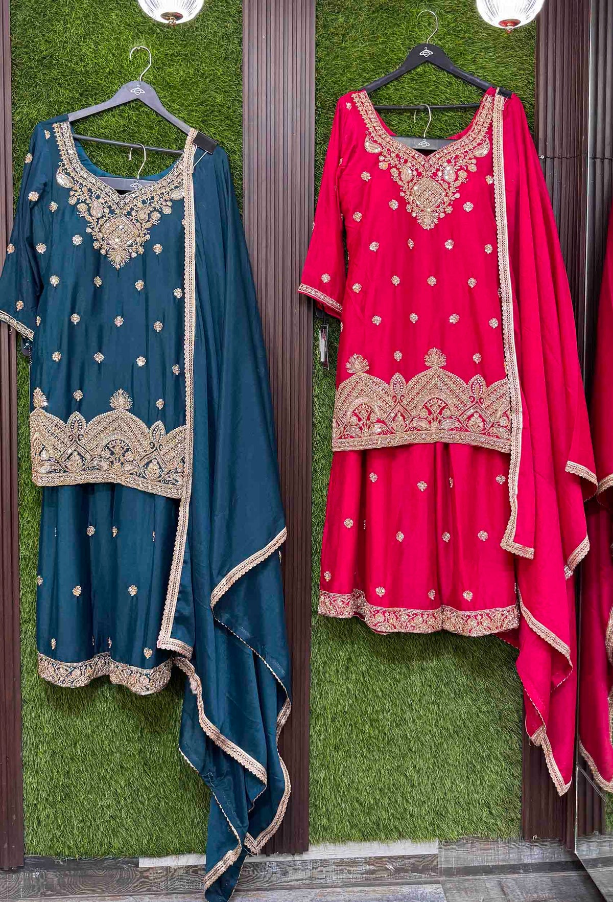 Chinnon Silk Hand Work Sharara Suit with Plazo Bottom & 4-Side Border Dupatta