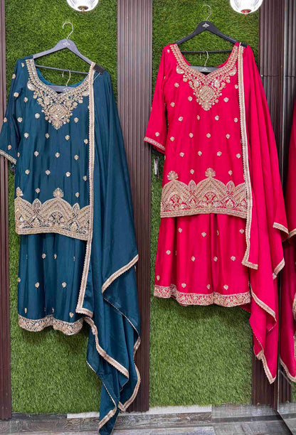 Chinnon Silk Hand Work Sharara Suit with Plazo Bottom & 4-Side Border Dupatta