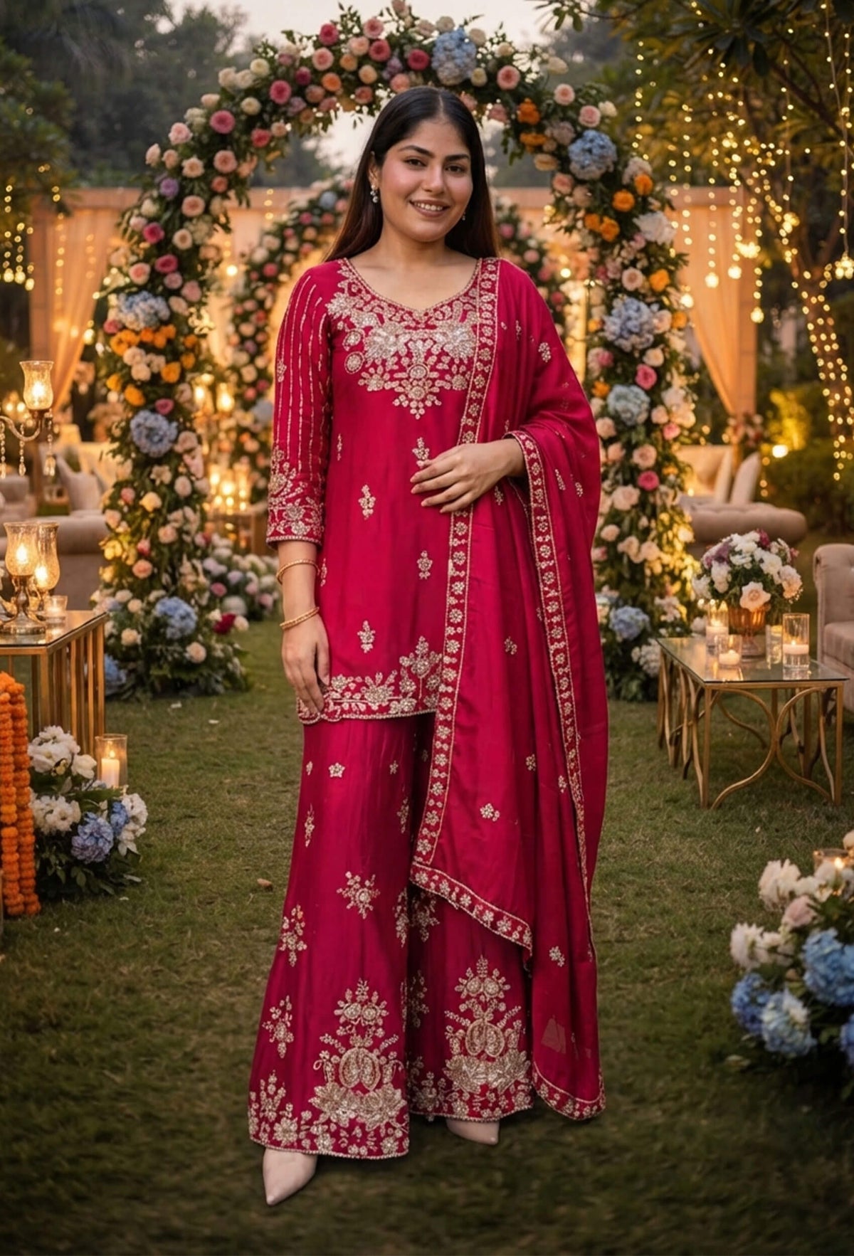 Chinnon Silk Heavy Hand Work Sharara Suit with Fully Embroidered Dupatta