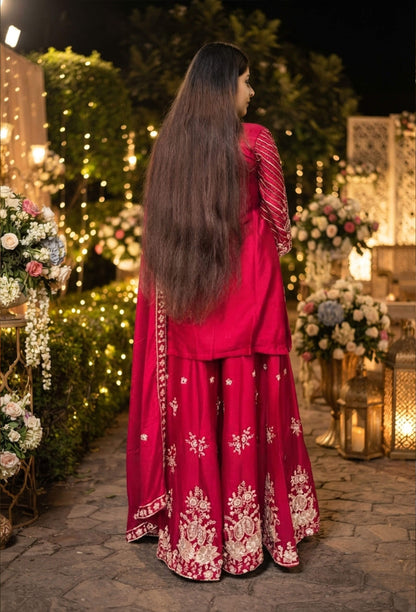Chinnon Silk Heavy Hand Work Sharara Suit with Fully Embroidered Dupatta
