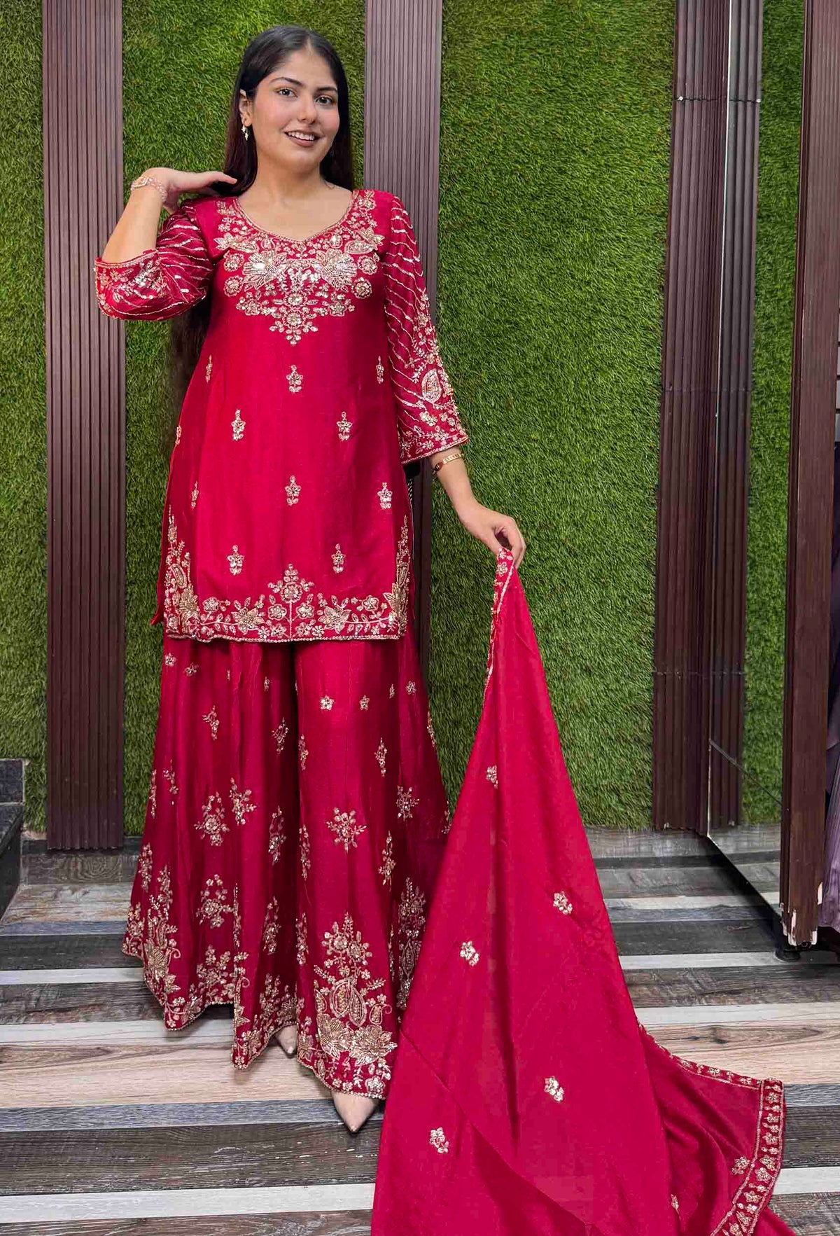 Chinnon Silk Heavy Hand Work Sharara Suit with Fully Embroidered Dupatta