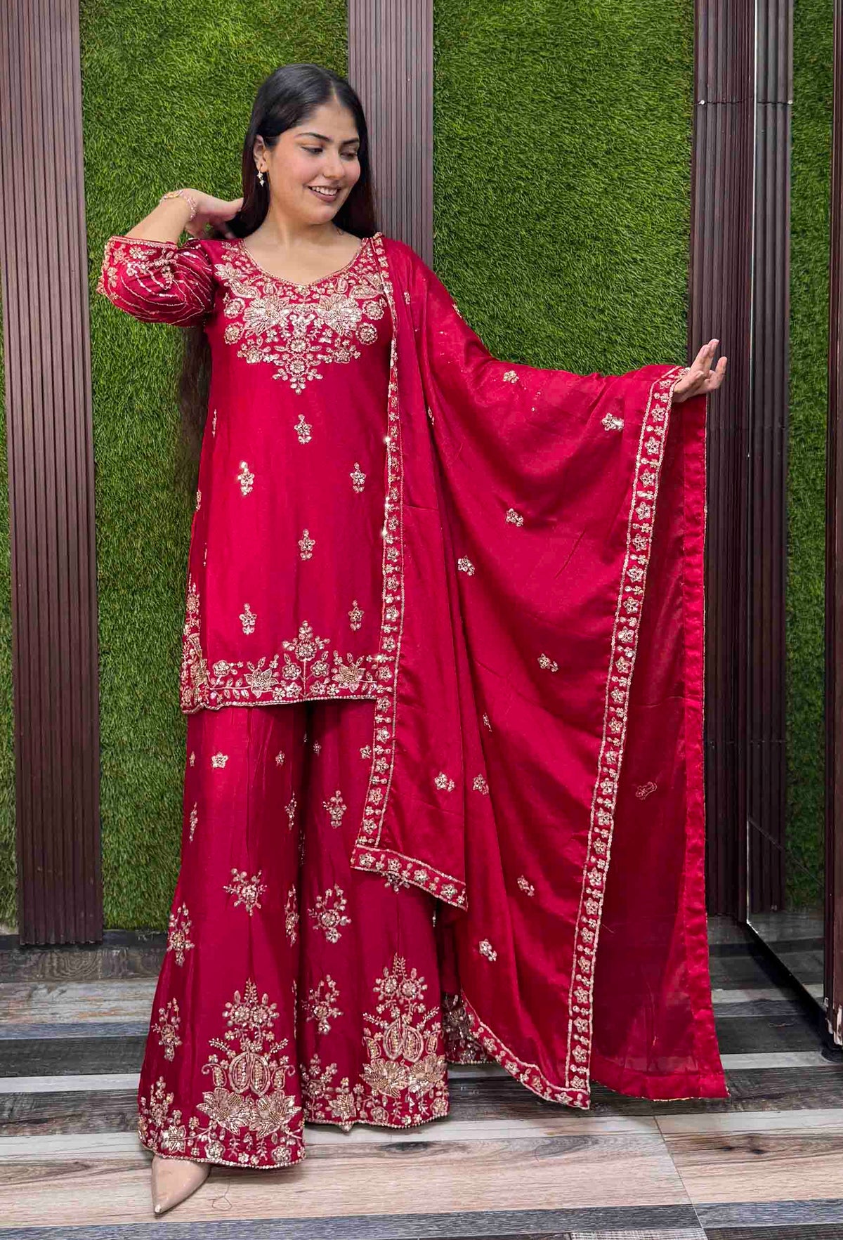Chinnon Silk Heavy Hand Work Sharara Suit with Fully Embroidered Dupatta