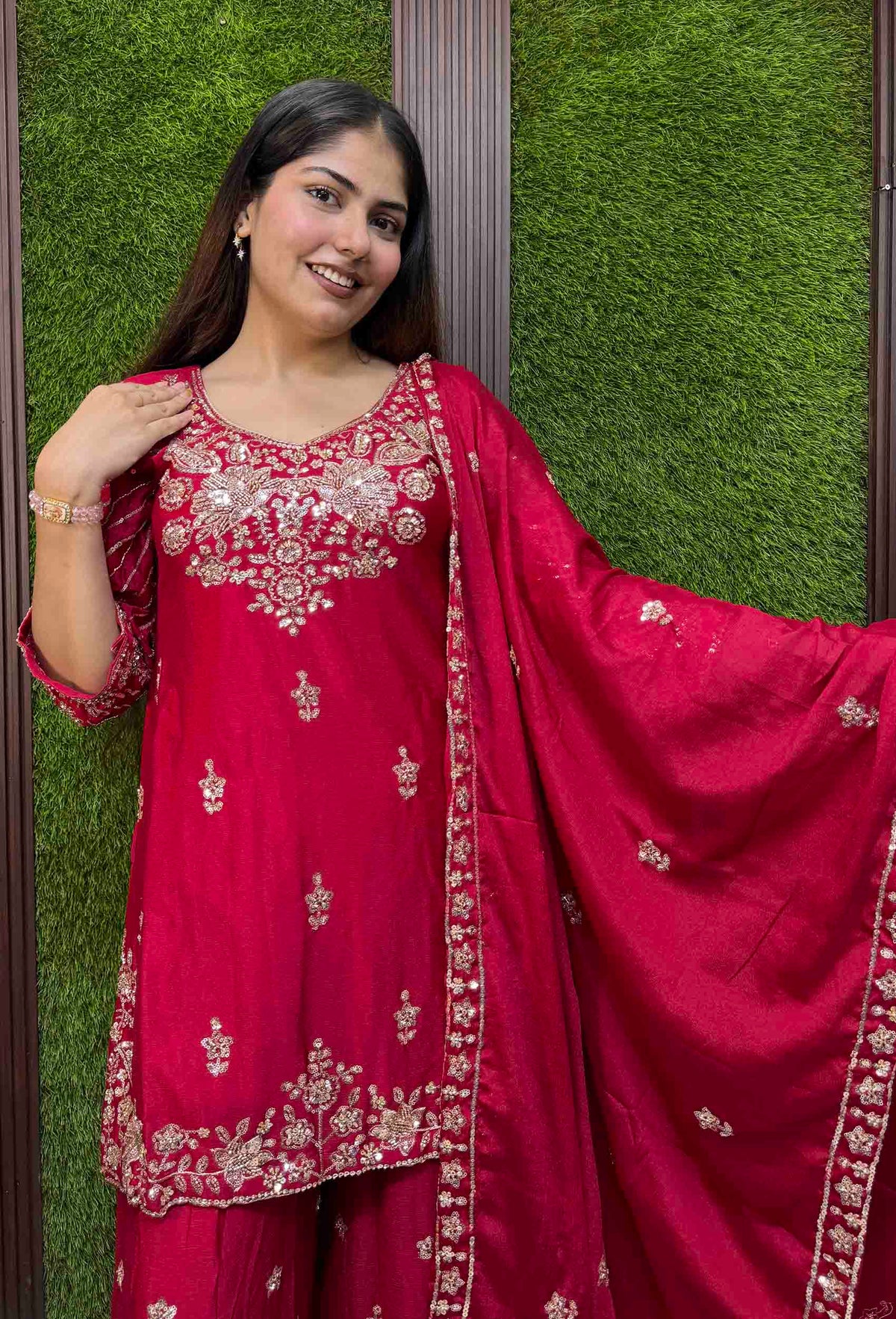 Chinnon Silk Heavy Hand Work Sharara Suit with Fully Embroidered Dupatta