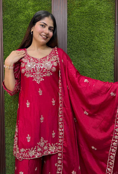 Chinnon Silk Heavy Hand Work Sharara Suit with Fully Embroidered Dupatta